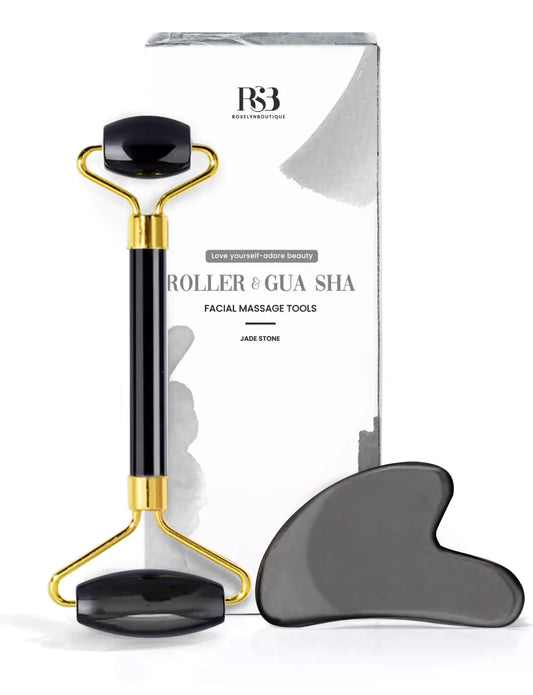 ROSELYNBOUTIQUE Gua Sha Facial Tools & Face Roller for Wrinkless Natural Skincare Tool Jade Roller Guasha Tool for Face (Black)